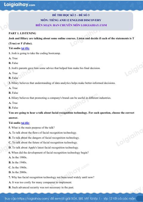 Đề thi học kì 2 Tiếng Anh 12 English Discovery - Đề số 3